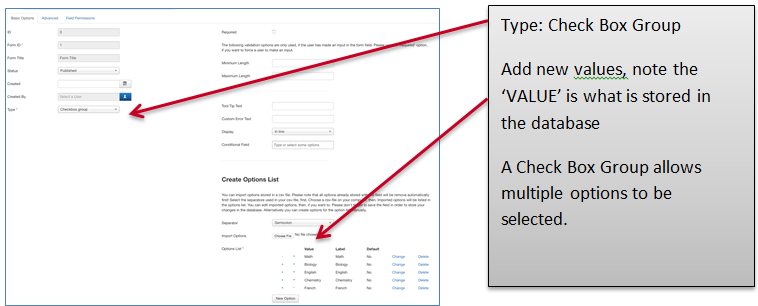 Visforms: "Check Box Group" field - Options