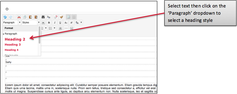 Select text, then click on the 'Paragraph' dropdown to select a heading style