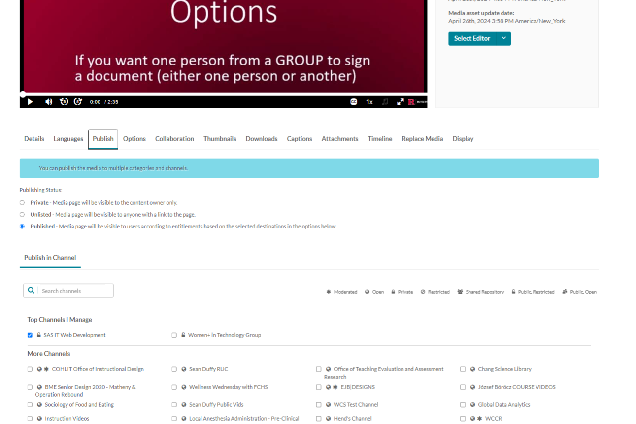 4 kaltura publish settings