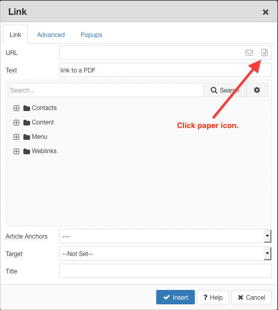 Click paper icon ("Browse") in Link popup window