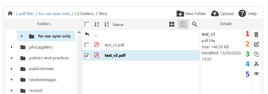 JCE Editor Pro File Browser icons: Delete, Rename, Copy, Cut, View