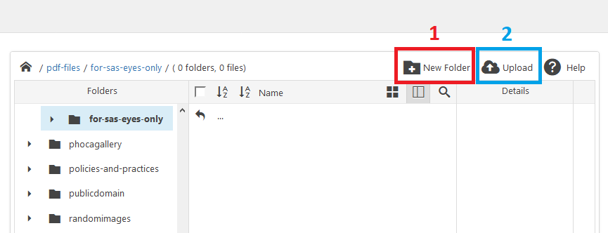 JCE Editor Pro File Browser: "New Folder" and "Upload" icons