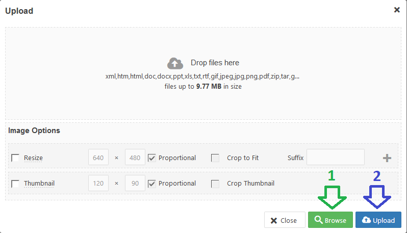 JCE Editor Pro File Browser: "Upload" window: "Browse" and "Upload" buttons