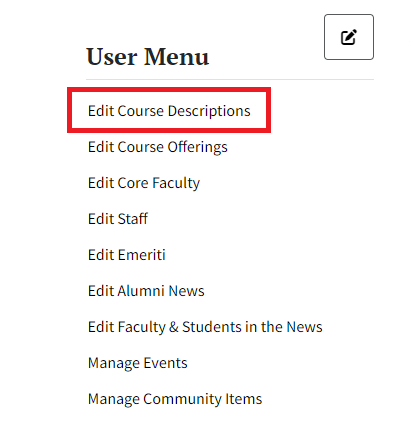 User Menu: Edit Course Descriptions