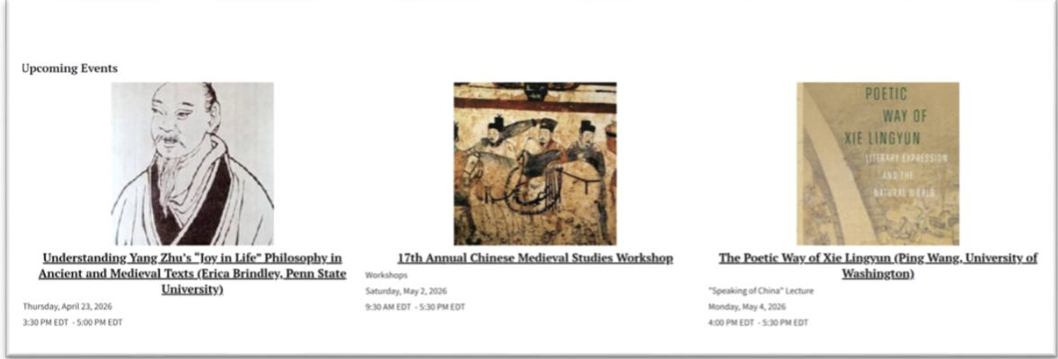 A screenshot of "Upcoming Events" for a Rutgers Chinese Studies program. It features three events: a lecture on Yang Zhu’s philosophy (April 23), the 17th Annual Chinese Medieval Studies Workshop (May 2), and a lecture on the poetic way of Xie Lingyun (May 4, 2026).