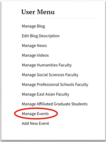 A screenshot of a "User Menu" list for a Rutgers website administrator. The menu includes options to manage blogs, news, videos, and various faculty departments. The "Manage Events" option is highlighted with a red oval.