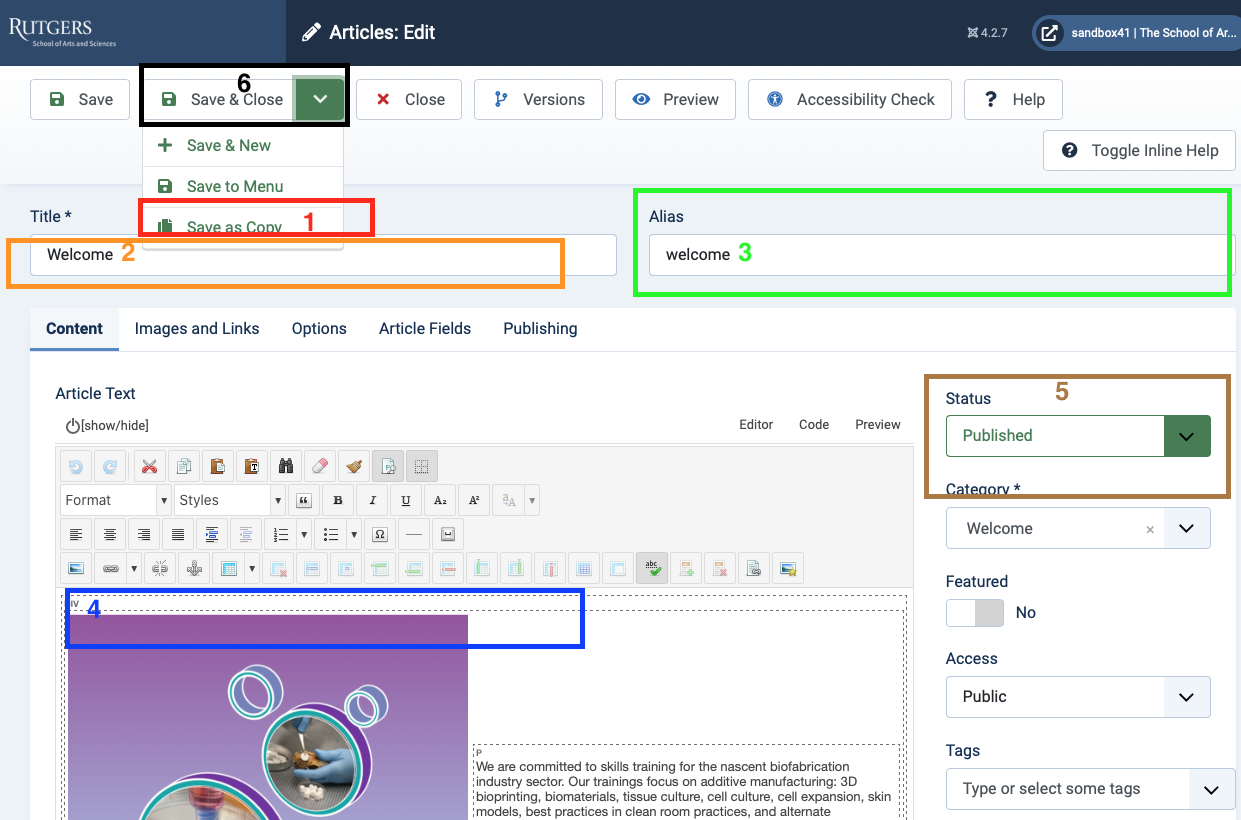 Joomla! back-end: "Articles: Edit"
