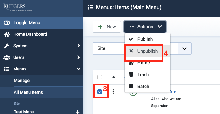 "Unpublish" option found in "Action" button's dropdown menu