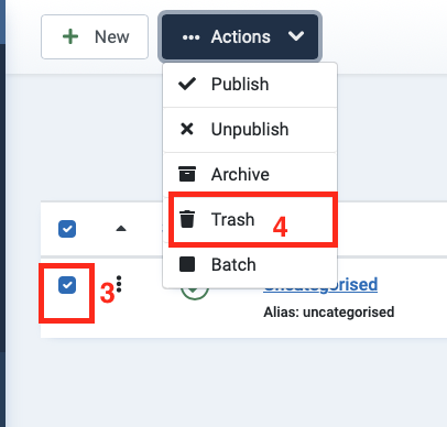 "Trash" option from "Actions" dropdown menu