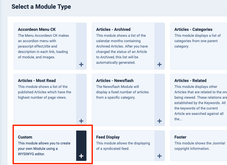 Selecting a "Custom" module