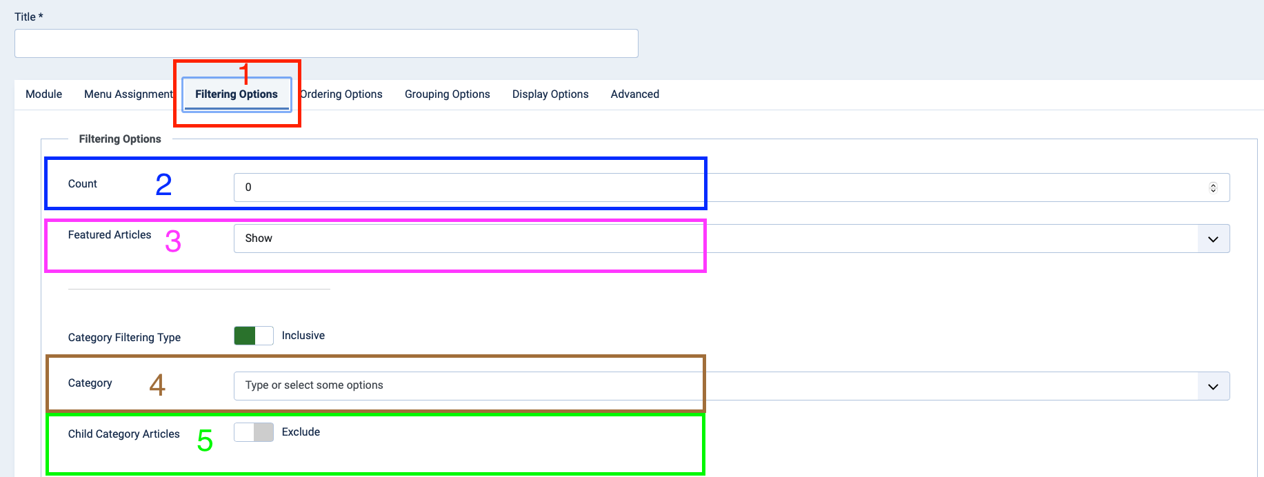 "Articles - Category" Module: "Filtering Options" tab