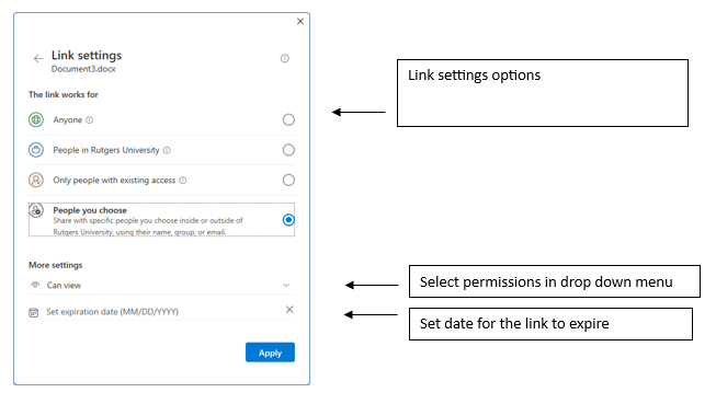 Link settings dialog: Link settings options; Select permissions in drop down menu; Set date for the link to expire