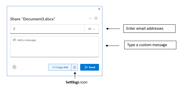 Sharing options dialog: Enter email addresses; Type a custom message; "Settings" icon