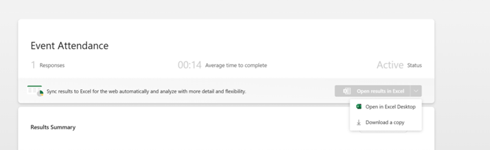 Event Attendance form summary showing one response, average completion time, active status, and Excel export options