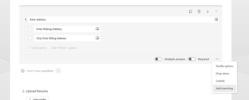 Form‑building interface showing address‑entry options with toggles for multiple answers and required, plus a menu for additional settings