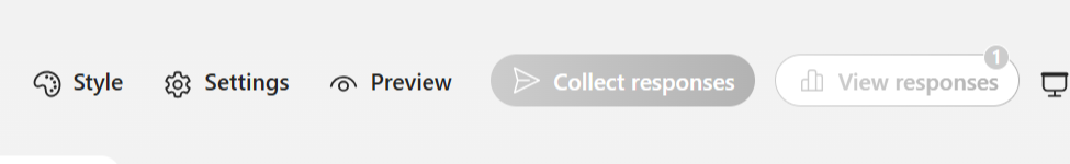 Toolbar from a form‑building interface showing options for style, settings, preview, collecting responses, and viewing one new response.