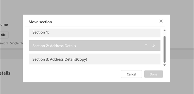 Move‑section dialog showing a list of form sections with arrows to reorder and buttons to cancel or confirm.