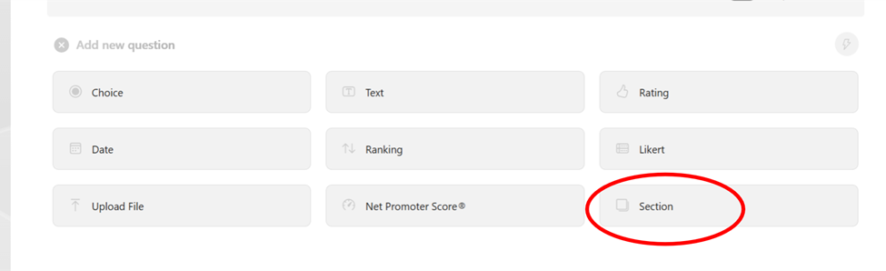 Form‑building interface showing available question types, with the Section option highlighted.