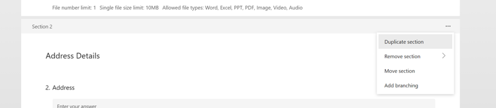 Form section titled ‘Section 2’ with an address question, answer field, and a menu showing options to duplicate, remove, move, or add branching.