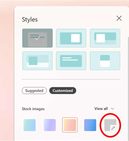 Styles panel showing layout templates and background image options, with the customizable background tile highlighted.