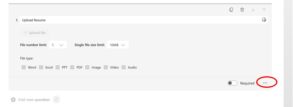 Resume‑upload form section showing a disabled upload button, file limits, allowed file types, a required toggle, and a menu icon.