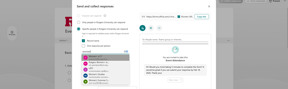 Microsoft Forms sharing panel for an Event Attendance form, showing message text, link options, and recipient search results for ‘women.