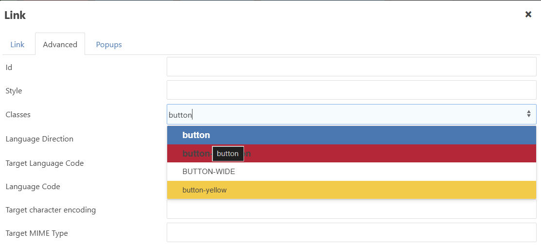 Link editor popup window. The word 'button' is typed into a field labeled 'Classes'