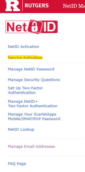 Service Activation on NetID menu