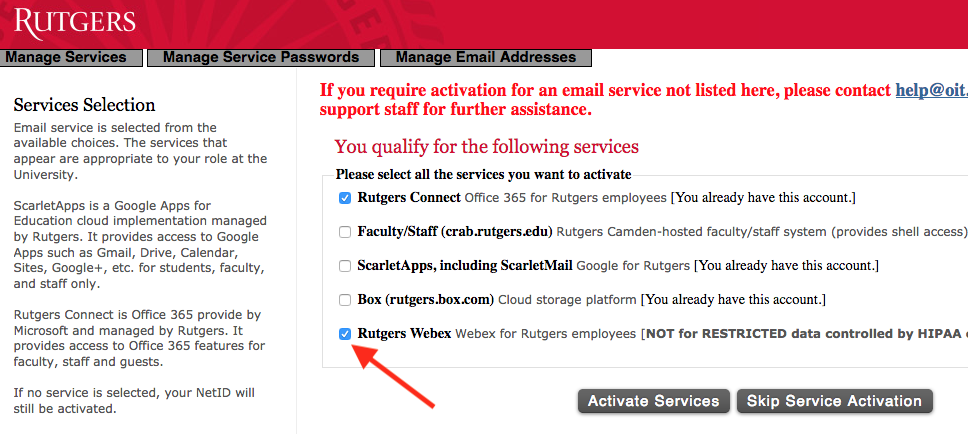 webex service activation