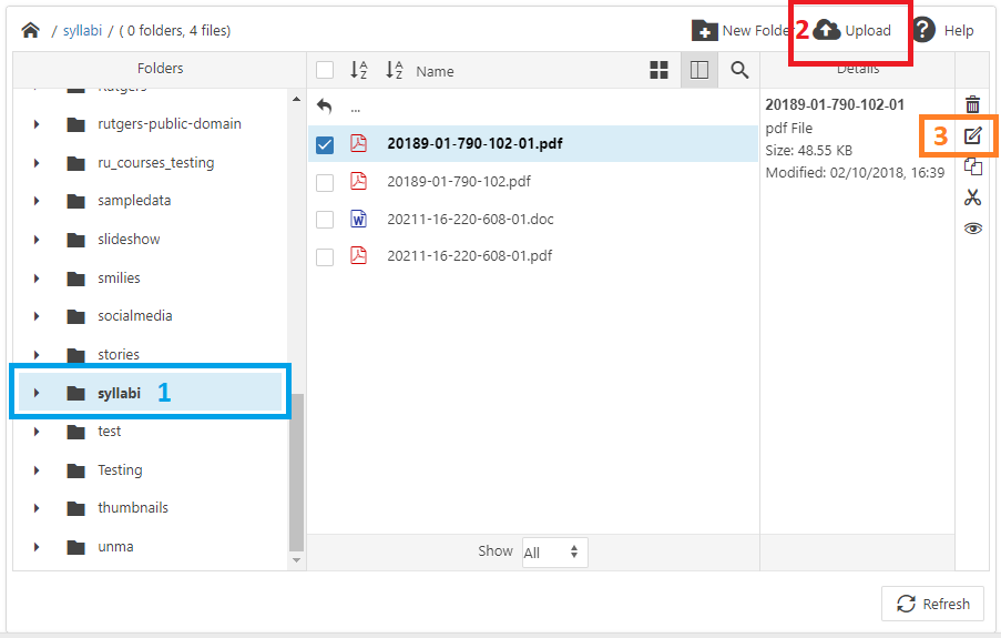 Uploading to the "syllabi" folder with JCE Editor Pro