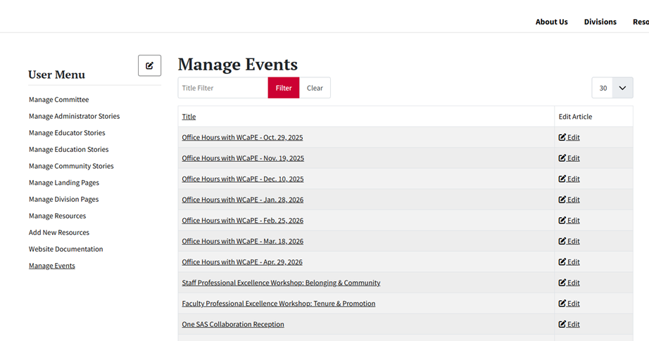 Manage Events Listing