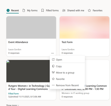 Microsoft Forms dashboard showing four recent forms, with one form’s options menu open