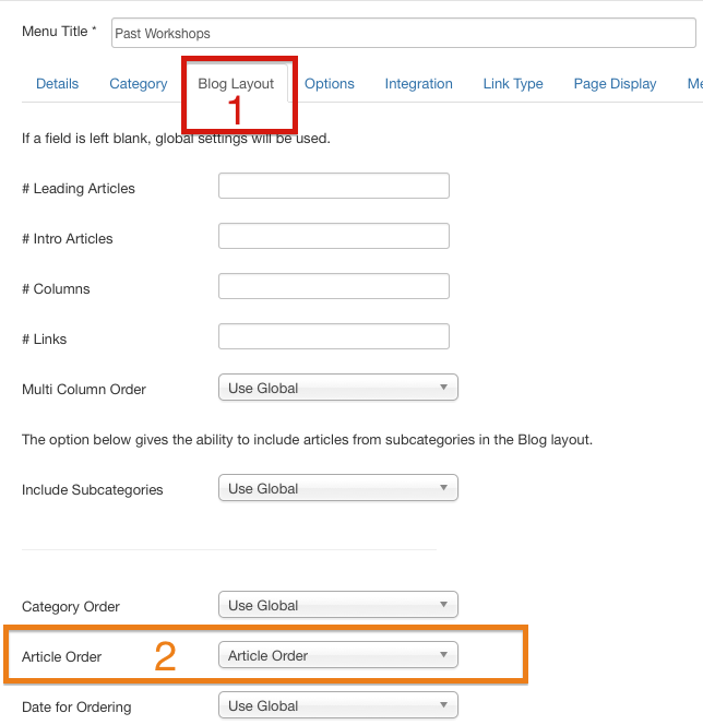 Category Blog menu item: "Blog Layout" tab