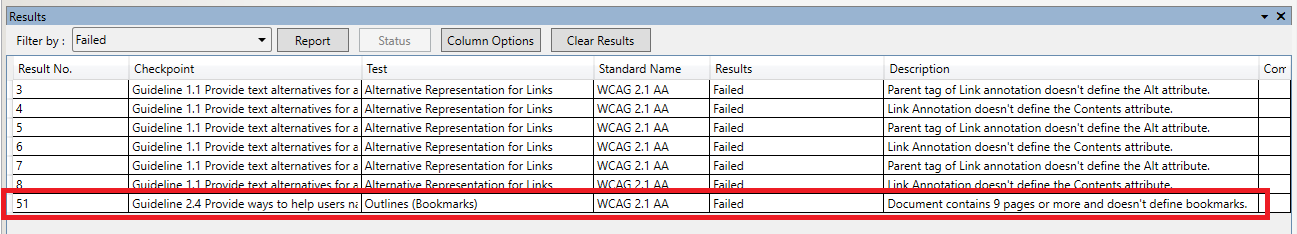 CommonLook PDF Validator reports: "Document contains 9 pages or more and doesn't define bookmarks."