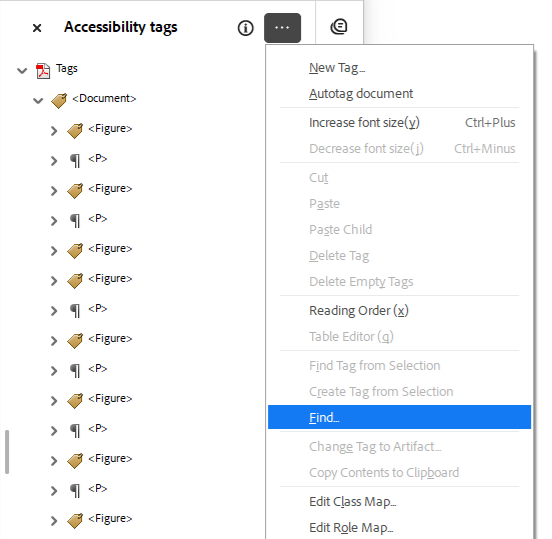 Acrobat: Accessibility options, "Find" selection