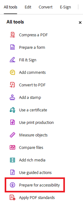 Acrobat: All tools > Prepare for accessibility