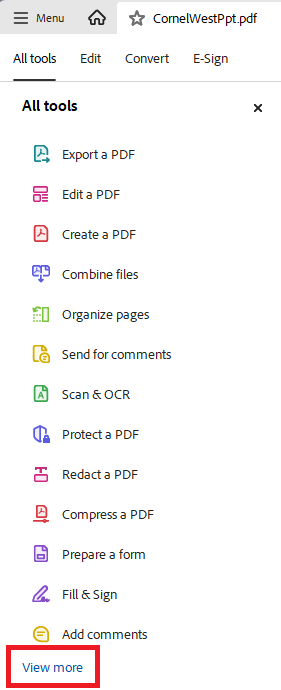 Acrobat: "View more" option under "All tools"