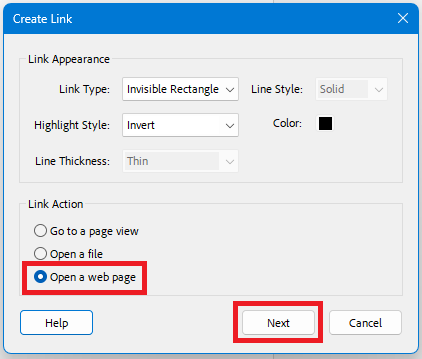 Acrobat: "Create Link" dialog box with "Open a web page" option and "Next" buttons highlighted
