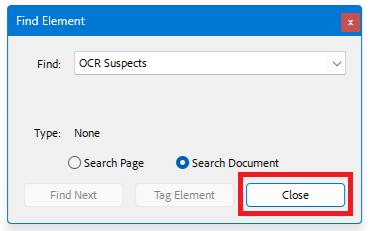 Acrobat: "Find Element" dialog, "Close: button