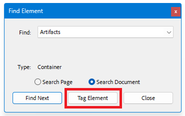 Acrobat: "Find Element" dialog, "Tag Element" button