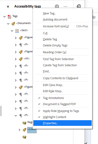 Acrobat: Link tag popup menu with "Properties" selection highlighted