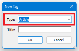 Acrobat: "New Tag" dialog, "Type" selection