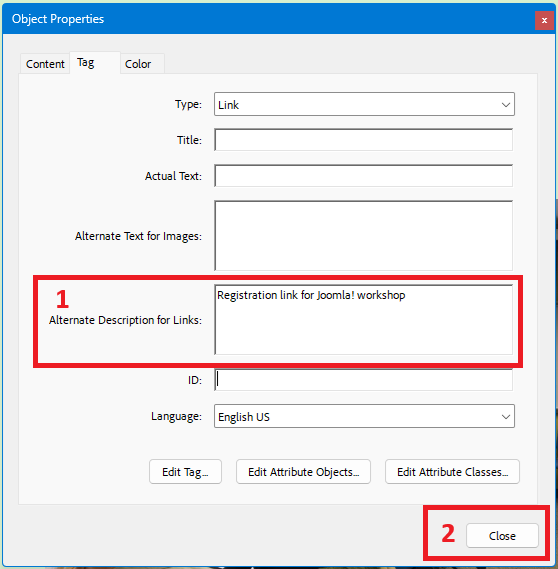 Acrobat: "Object Properties" dialog with "Alternate Description for Links" field and "Close" button highlighted