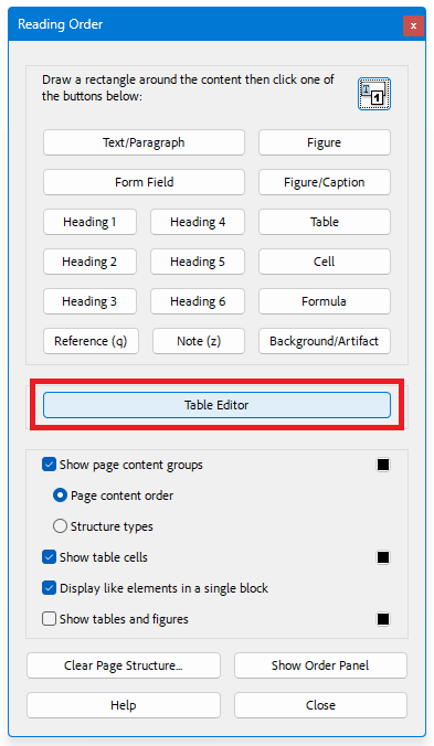Acrobat: "Reading Order" dialog, "Table Editor" button