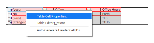 Acrobat: "Table Editor," "Table Cell Properties" selection