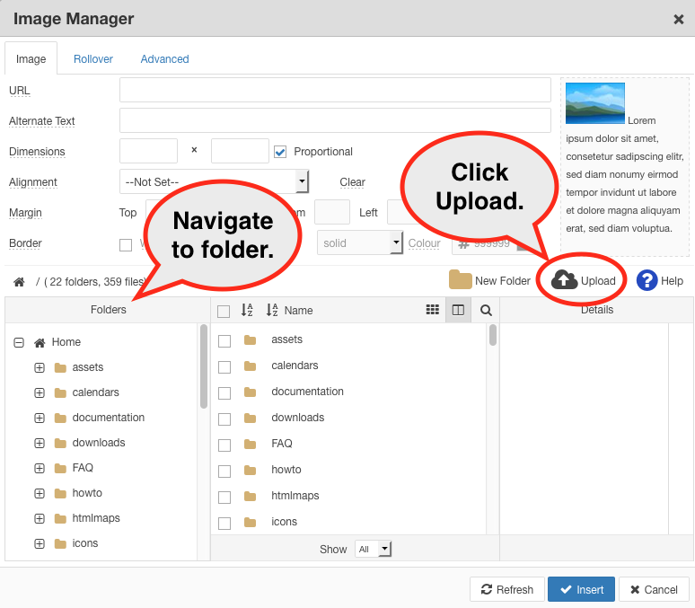 Image Manager: Select folder, Upload new image