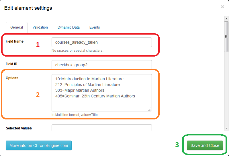 Chronoforms: Checkbox Group - Edit element settings