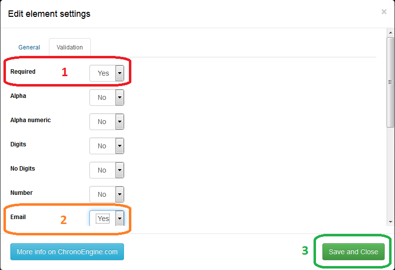 Chronoforms: Edit Element Settings - Validation