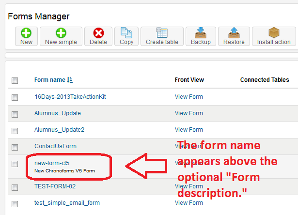 ChronoForms5: Form Name (appears above the optional "Form Description")