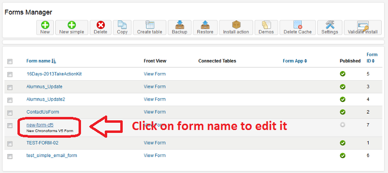 Chronoforms: Form selection